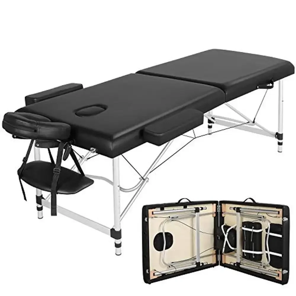 Aluminum Portable Massage Bed Adjustable Height Facial Tattoo Salon Table Black 28 inch Width Bag Included