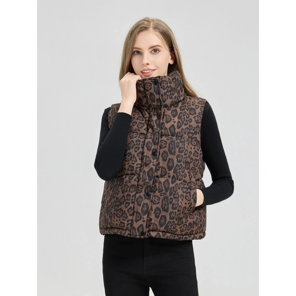 

Women's Autumn Winter Thiened Cotton down Leopard Print Vest Cross-Border Faionable Zipper Closure Stand Collar Jaet