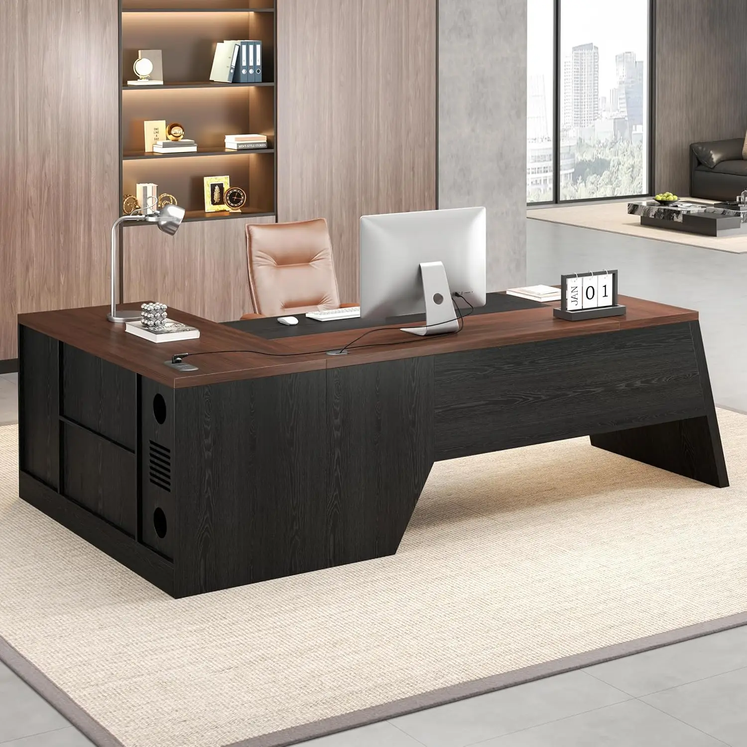 

L-Shaped Executive Desk with Drawer,Cord Hole,Power Outlet,Lateral File Cabinet,Open Shelf,PC Stand,78in,Walnut Black,Customized