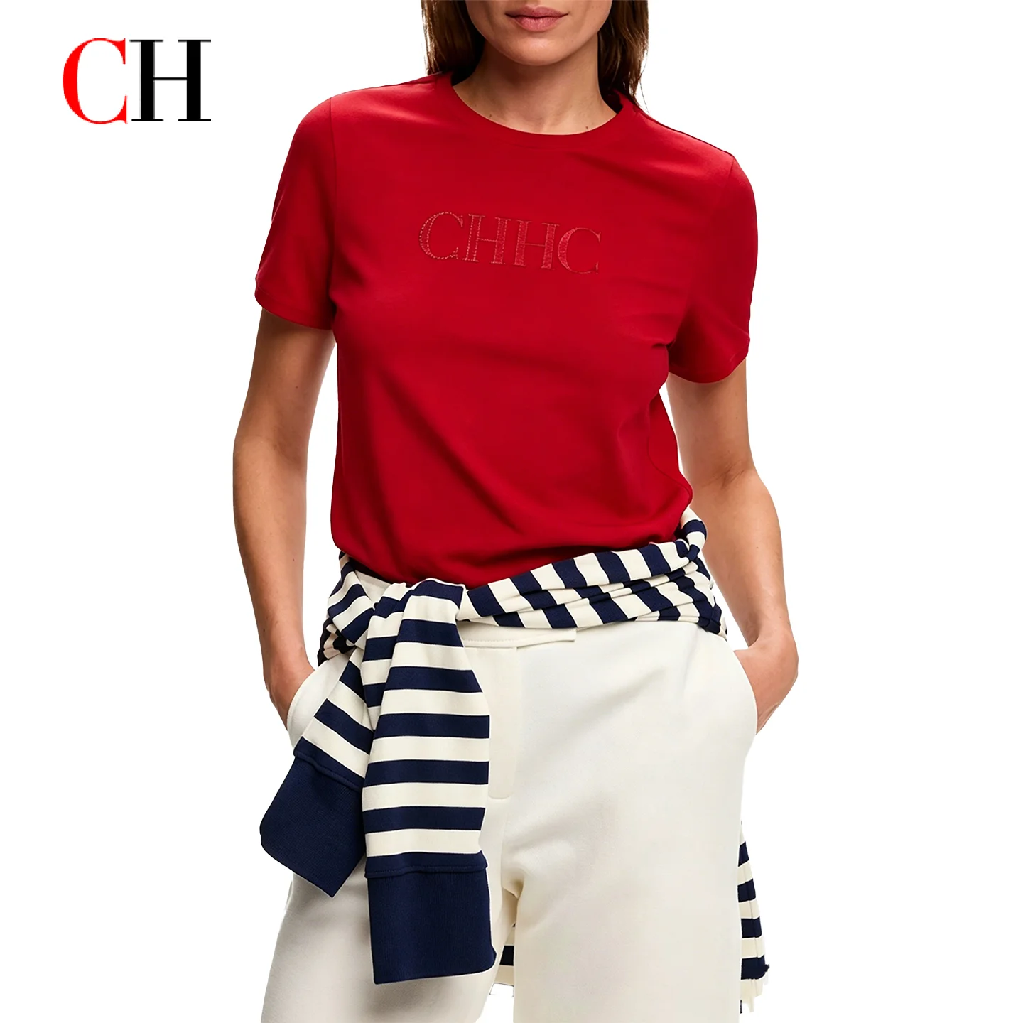 CH Womens Cotton Embossed Letter O Neck Short Sleeve Casual Basic Tshirt Streetwear Summer Chic Soft Breathable Top