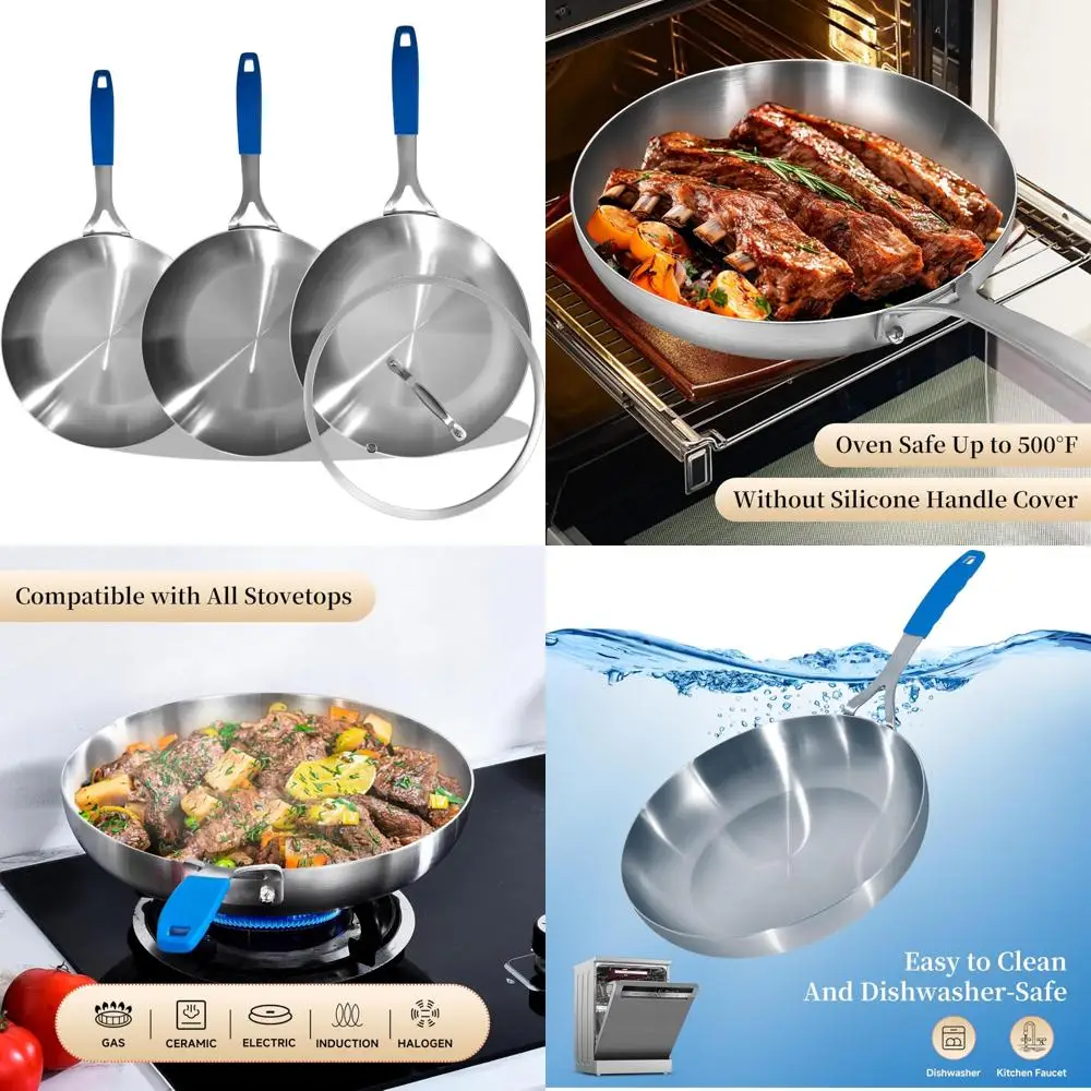 

Stainless Steel 8.5-10-12 Inch Tri-Ply Frying Pan Set with Lid, Skillets, Induction Cookware, Pots and Pans, Dishwasher Safe