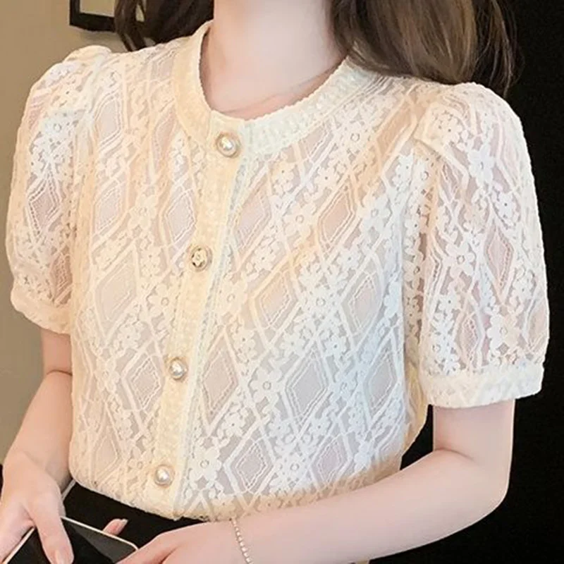 Elegant Lace O-Neck Solid Color Hollow Out Button Oversized Shirt Summer New Chic Tops Loose Commute Fashion Woman Blouses 2022