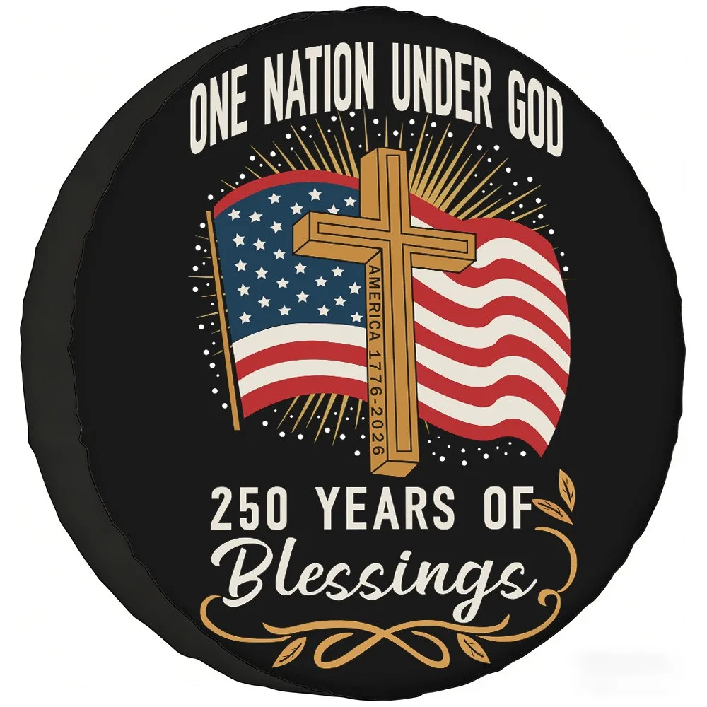 

Faith Cross American Flag Spare Tire Cover 250 Years Blessings Waterproof Protector for SUV