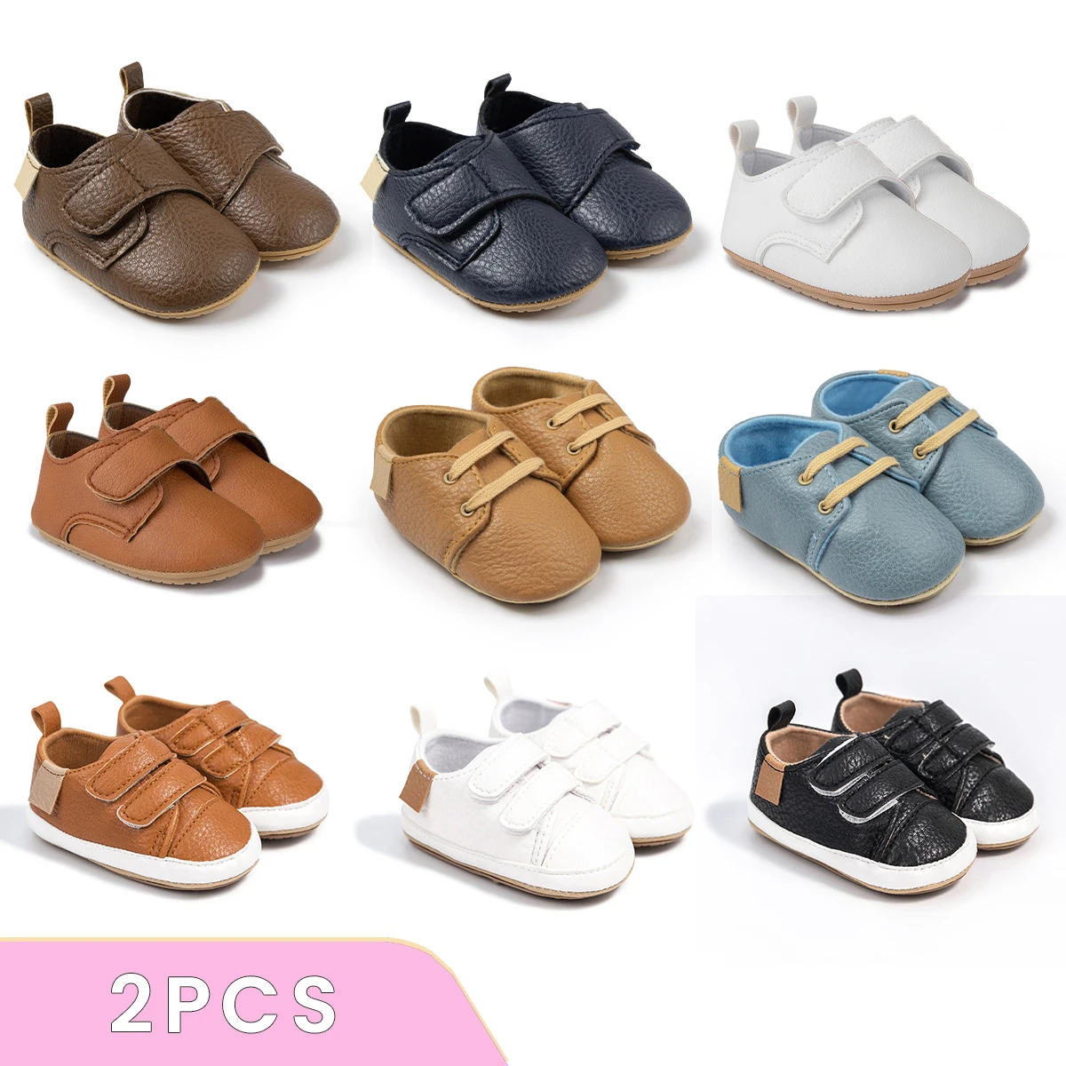 

2 Pcs Set Spring Autumn Baby PU Leather Sports Shoes Rubber Soft Anti-slip Flat Sole Fashion Versatile Toddler First Walkers