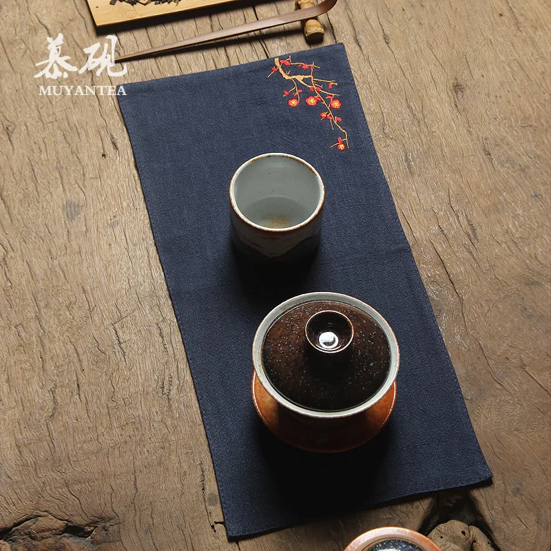 Mutaowu Chinese-Style Embroidered Cotton-Linen Simple Zen-Inspired Plum Blossom Fabric Small Curtain, Dry Brewing Mat, Tea