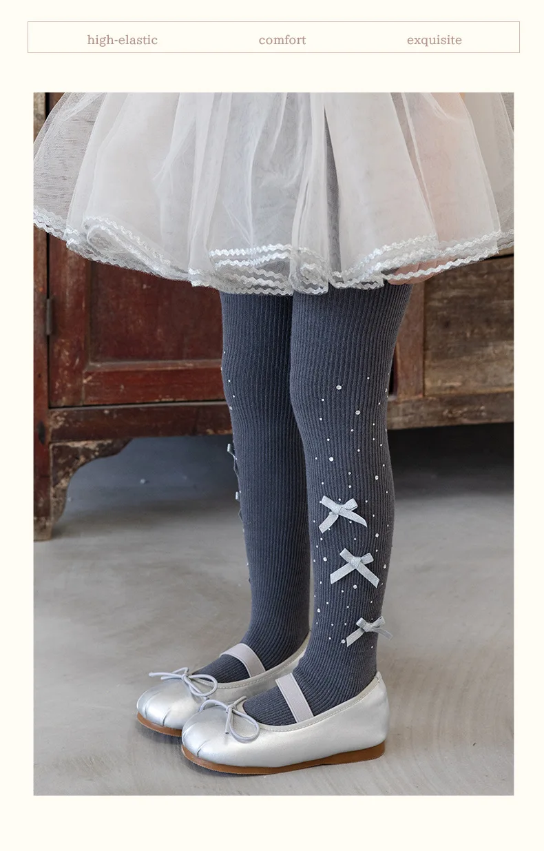 Cute Girls Footed Pantyhose Covered With Sparkly Rhinestones Decorated With Multiple Bows Soft High Elastic Skin-Friendly Tights