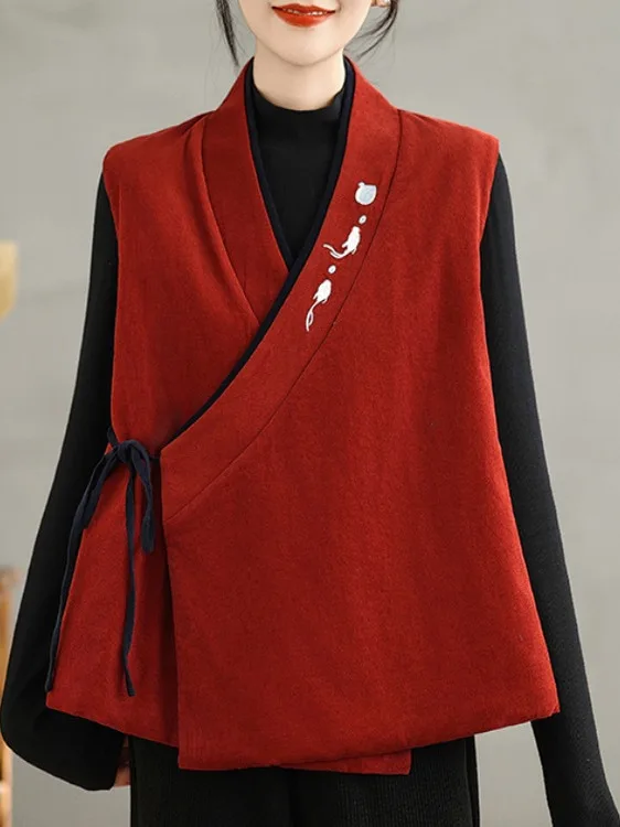 New 2025 Autumn Winter Loose Fit Embroidered Belted Chinese Sle Retro Corduroy Vest Large Size Women's Han Su Can oulder