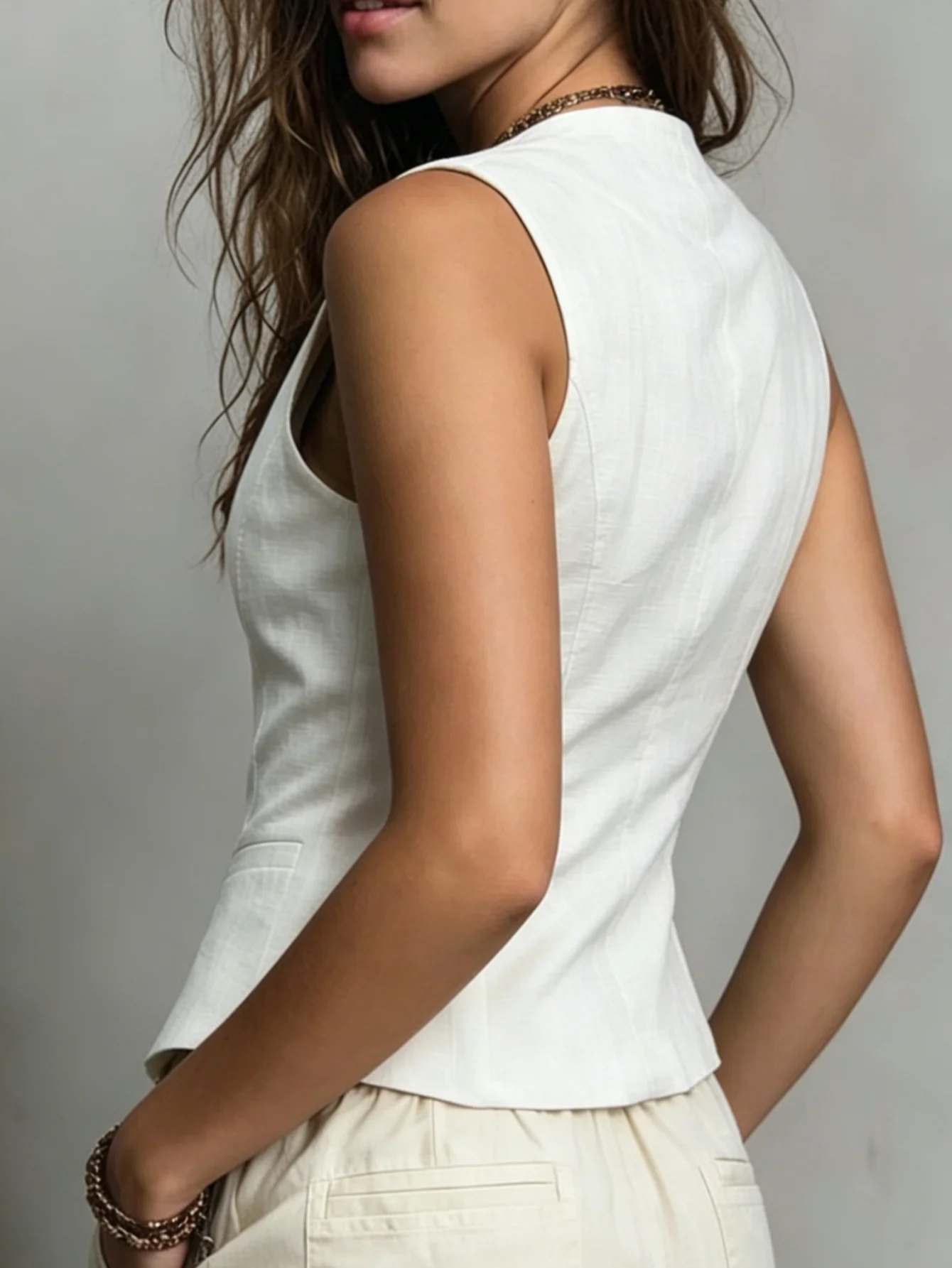 Women's Spring Summer Autumn Commute Vest, Minimalist V‑Neck Elegant Casual Waistcoat, Versatile Slim‑Fit Vest with Fake Pockets
