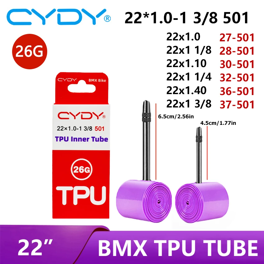 CYDY TPU BMX Bike  Inner Tube 22 Inch 501 Series 22x1.0 Various Sizes FV 1 1/8 to 1 3/8 Bicycle Tire Camera Parts