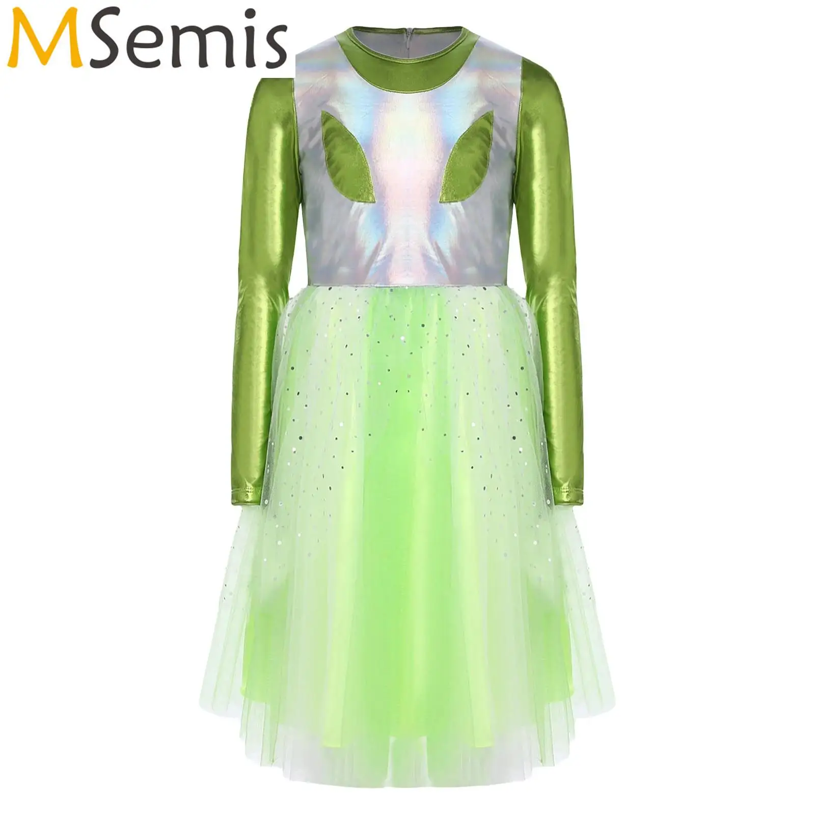 

Girls Halloween Alien Astronaut Cosplay Costume Outer Space Cutie Costume Long Sleeve Sequins Tulle Dress Shimmering Dress Up