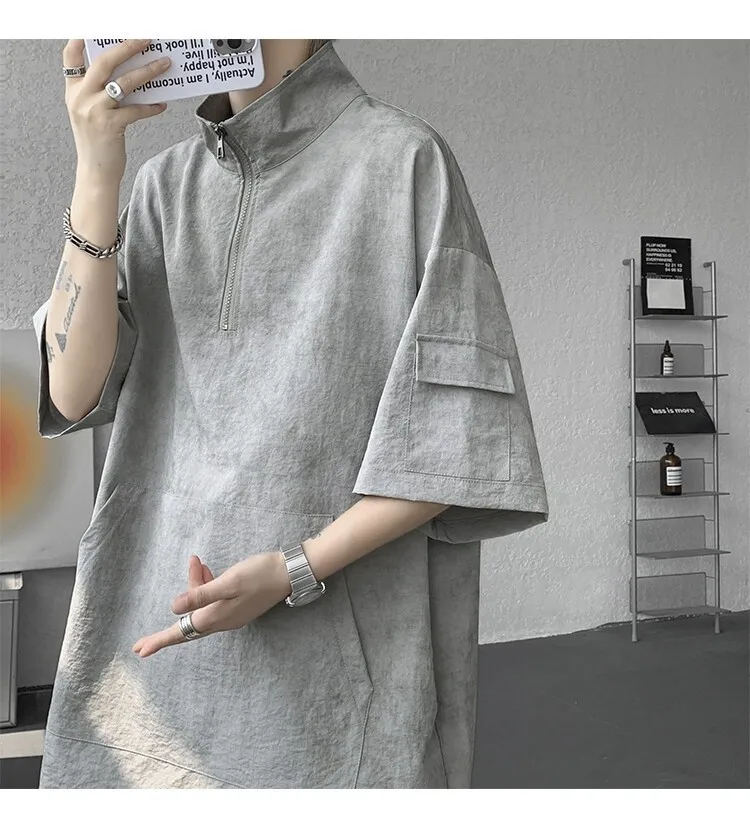 2026 Sommer Hong Kong Style Halb-Reißverschluss-Färbe-Set aus Eisseide mit Kühlfunktion, zweiteiliges Sportswear-Outfit im Hanfu-Stil mit kurzen Ärmeln – Detail 26