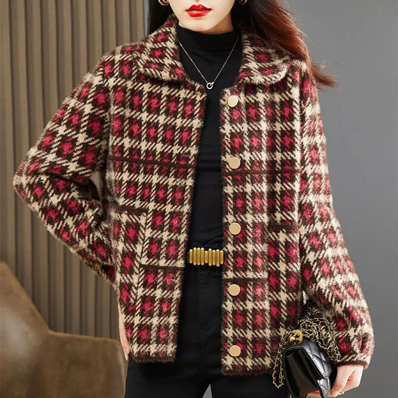 Street Tweed Jacket Women Overcoat Autumn Winter 2025 New Wool Coat Female Top Fashion Loose Mother Casual Plaid Outwear Casaco