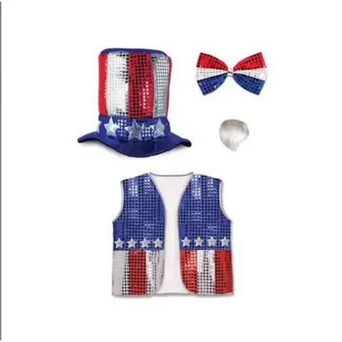 PESENAR USA Patriotic Uncle Sam Costume Set, 4th of July Sequin Outfit with Hat, Vest, Bow Tie & Wig