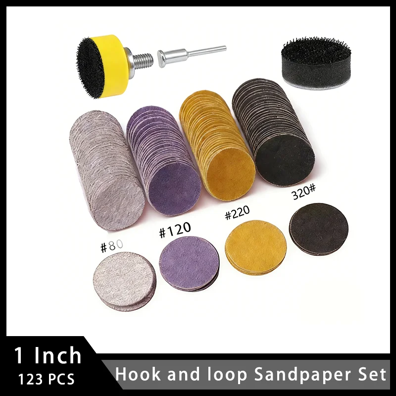 1 Inch Hook and loop Sandpaper Set 123 Pcs Assorted 80-320 Grit with 1/8 Inch Shank Backing Pads for Polishing Metal Car Body