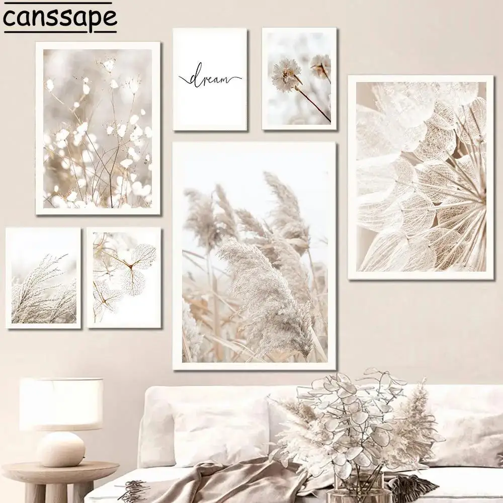 Beige Landscape Wall Art  Hay Reed Pampas Dandelion White Flower Canvas Paintings Nordic Posters for Living Room Decor Modern Ho