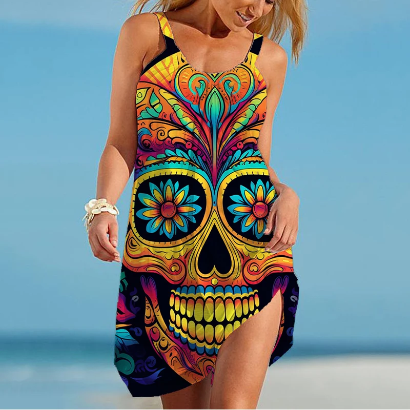 The New 3D Colorful Skull Printing Figure Dress Outdoor Leisure Ladies Sexy Loose Dress Summer Fashion Suspender Dress