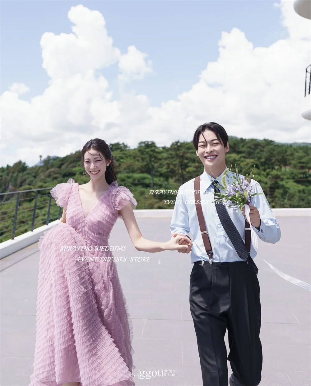 SPRAYING princesa cuello en V vestidos de noche con tirantes Corea sesión de fotos de boda tul una línea vestido de fiesta largo escalonado corsé personalizado