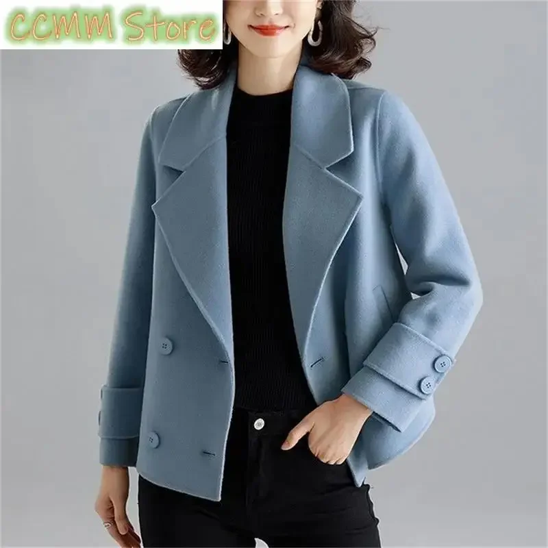 Double-Sided Wool Coat Women's Short High-End Casual Tweed Suit Jacket Blend Wool Coat Black Double Breasted Blazer Female