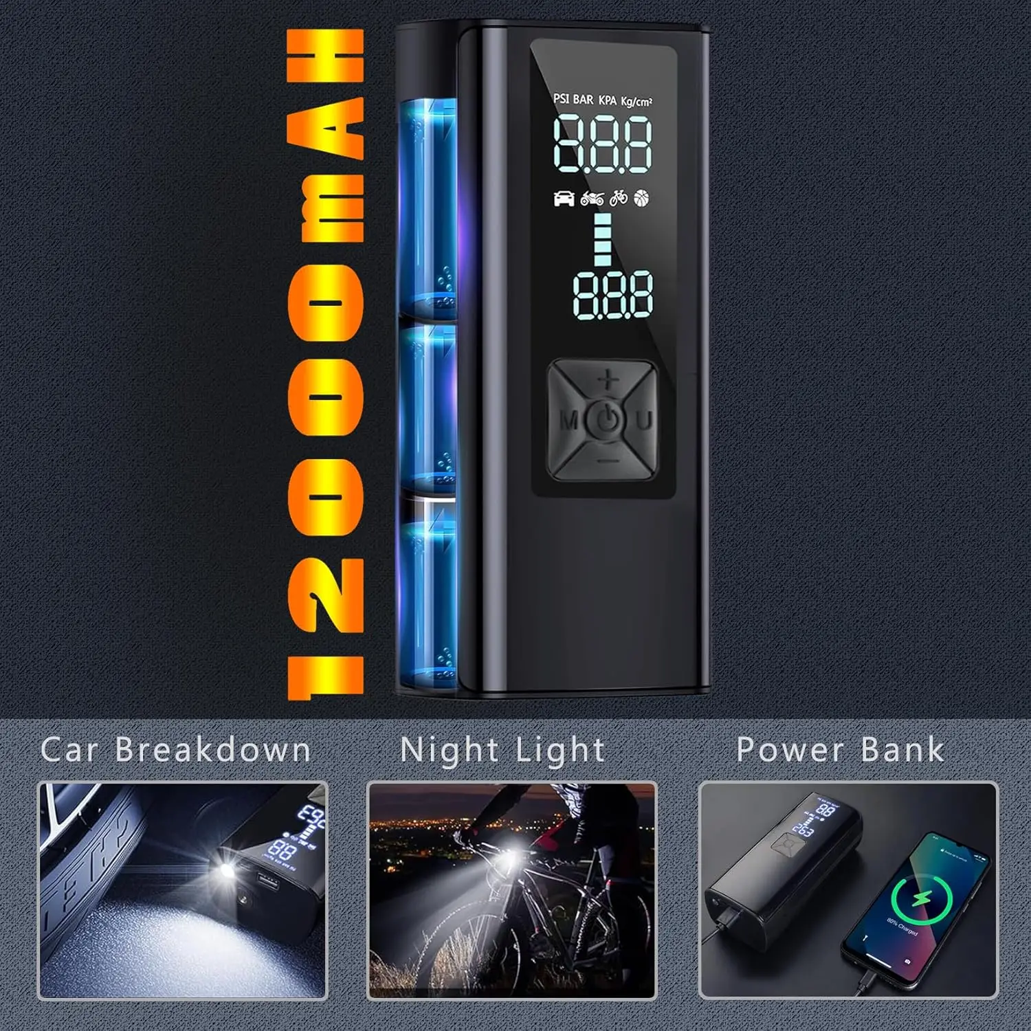 ضاغط هواء محمول BZY 5X أسرع، مضخة هواء لاسلكية 180 رطل لكل بوصة مربعة مع مقياس رقمي لإطارات السيارات والدراجة والدراجات النارية