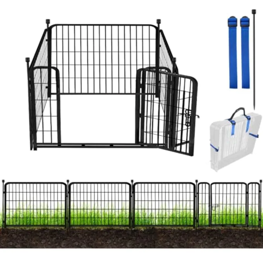 

24 in H Garden Fence with Gate 4 Panels Total 9.8 Ft(L) Heavy Duty Iron Metal Animal Barrier Fence Camping Fence No Dig