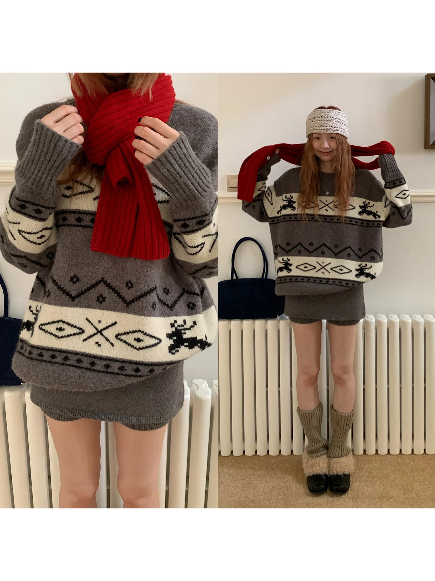 

Red Celebri Sweater Women's Autumn Winter Lazy High-End Fair Isle Knitwear Unique Beautiful Long Sve Crew Ne Top