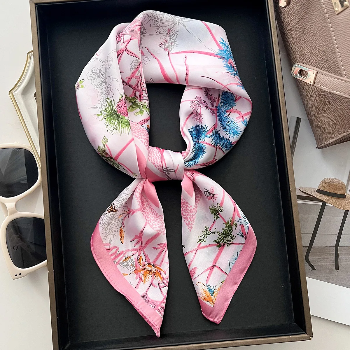 

70cm Luxury Print Silk Square Scarf Women Hijab Hair Bands Neckerchief Female Satin Shawl Ribbon Headband Fashion Wraps Bandana