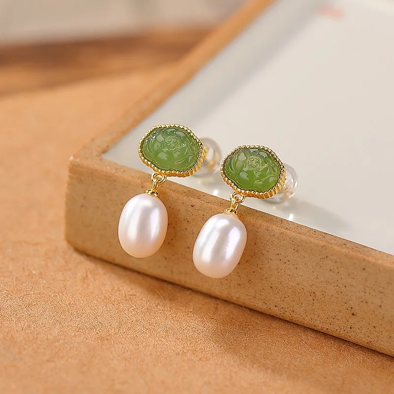 

TIMESWIND Natural Hetian Jade Green Lotus Carved Pearl Pendant Women Earrings with Certificate