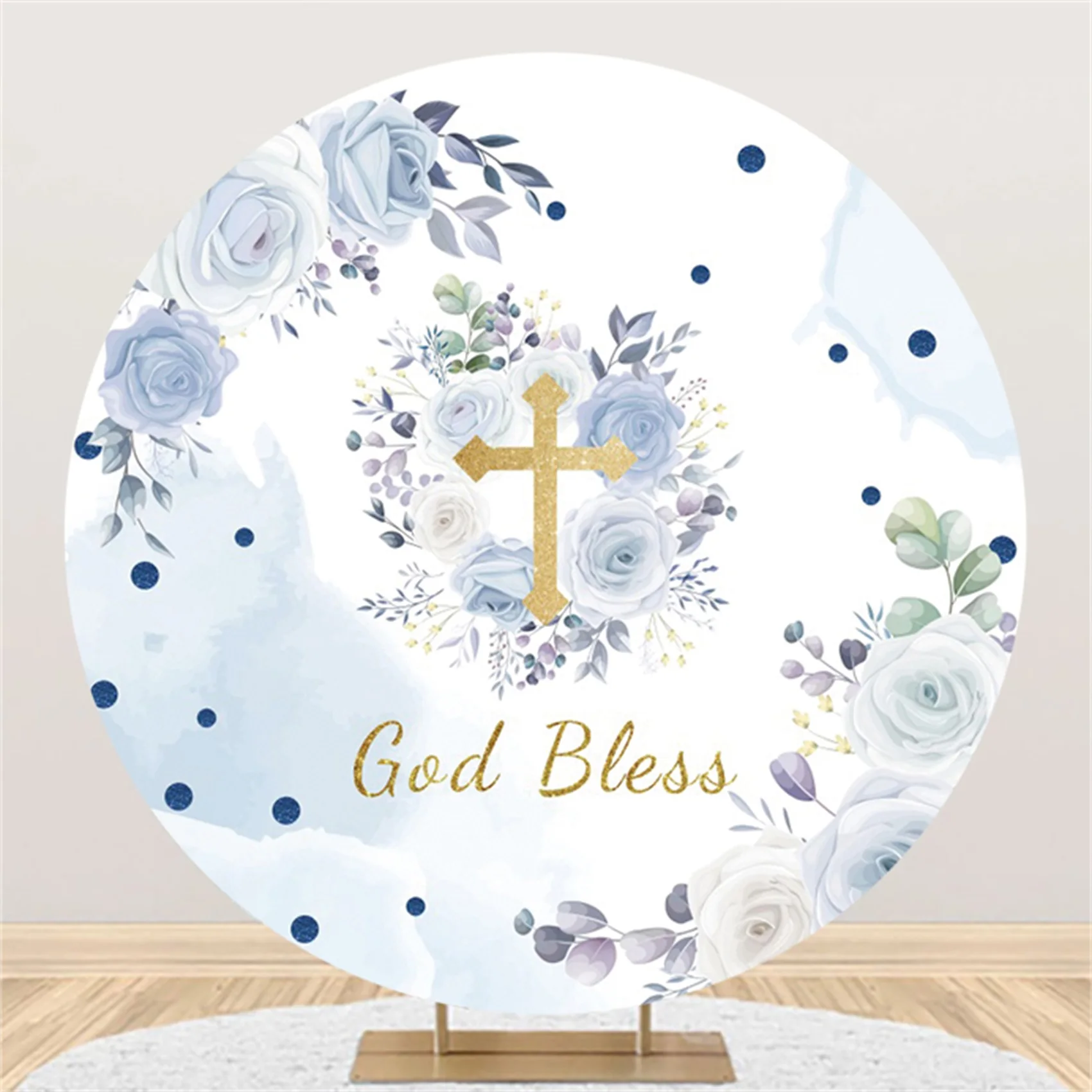 

Laeacco God Bless Background Watercolor Floral Golden Cross Kids Girl Baptism Communion Portrait Customized Photography Backdrop