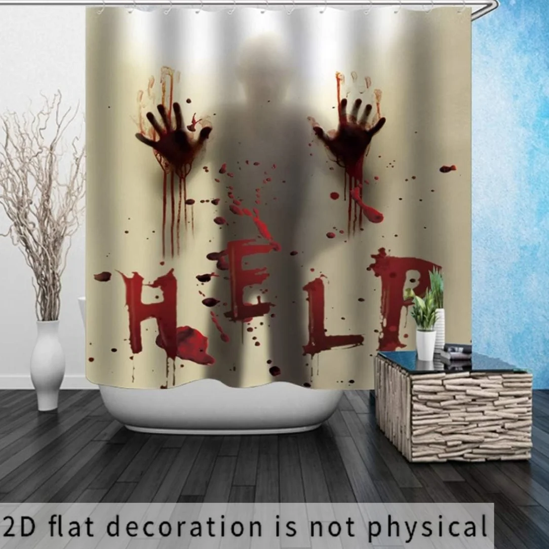Scary Halloween Gothic Shower Curtain Blood Splatter Handprints Horror Bathroom Decoration Waterproof Curtain