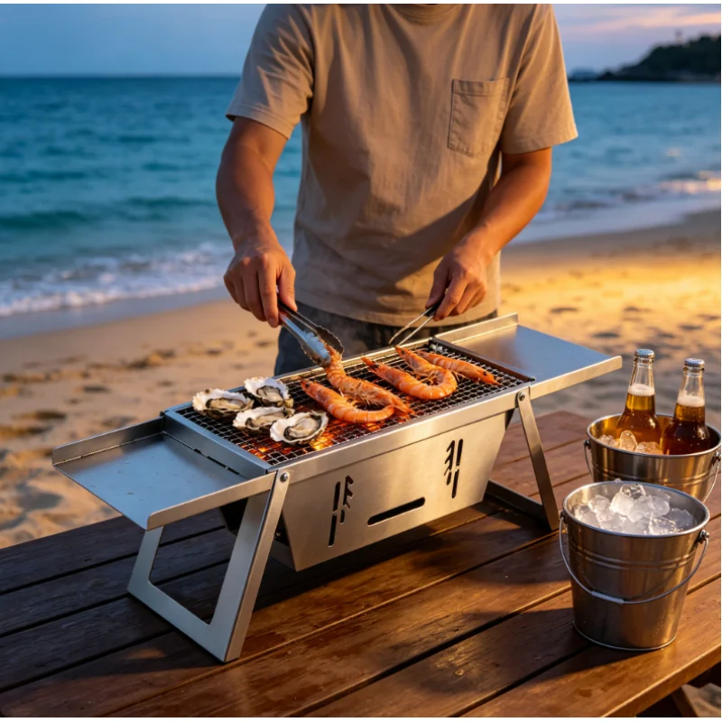 

Stainless Steel Folding Portable Charcoal BBQ Grill, Compact Camping Picnic Barbecue with Skewer Rack