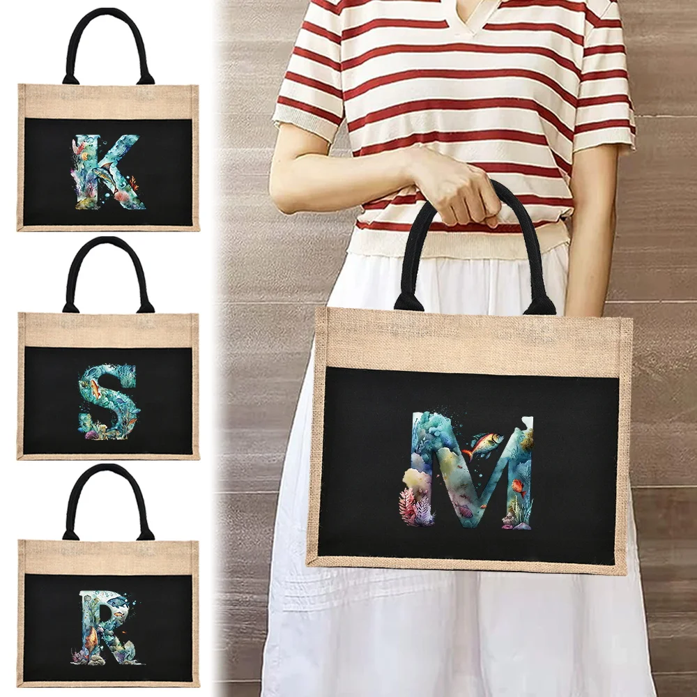 

Cotton and Linen Shopping Bag Reusable Jute Tote Bag Storage Pack Portable Organizer Pouch Fish Letter Pattern Series