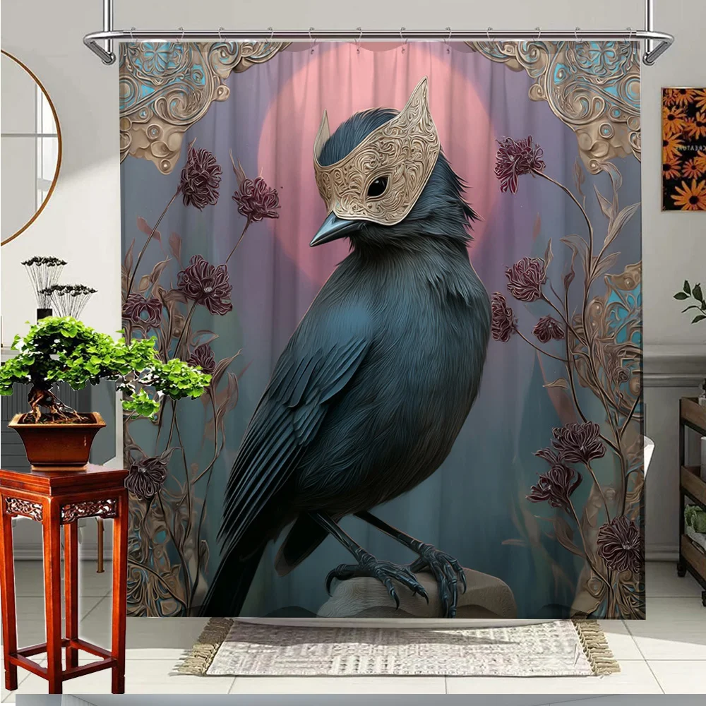 1pc Charming Bird Mask Shower Curtain - Vibrant Floral Design with Bluebird & Mask, 70. 8x70. 8 Inches, Polyester Fabric, Includ