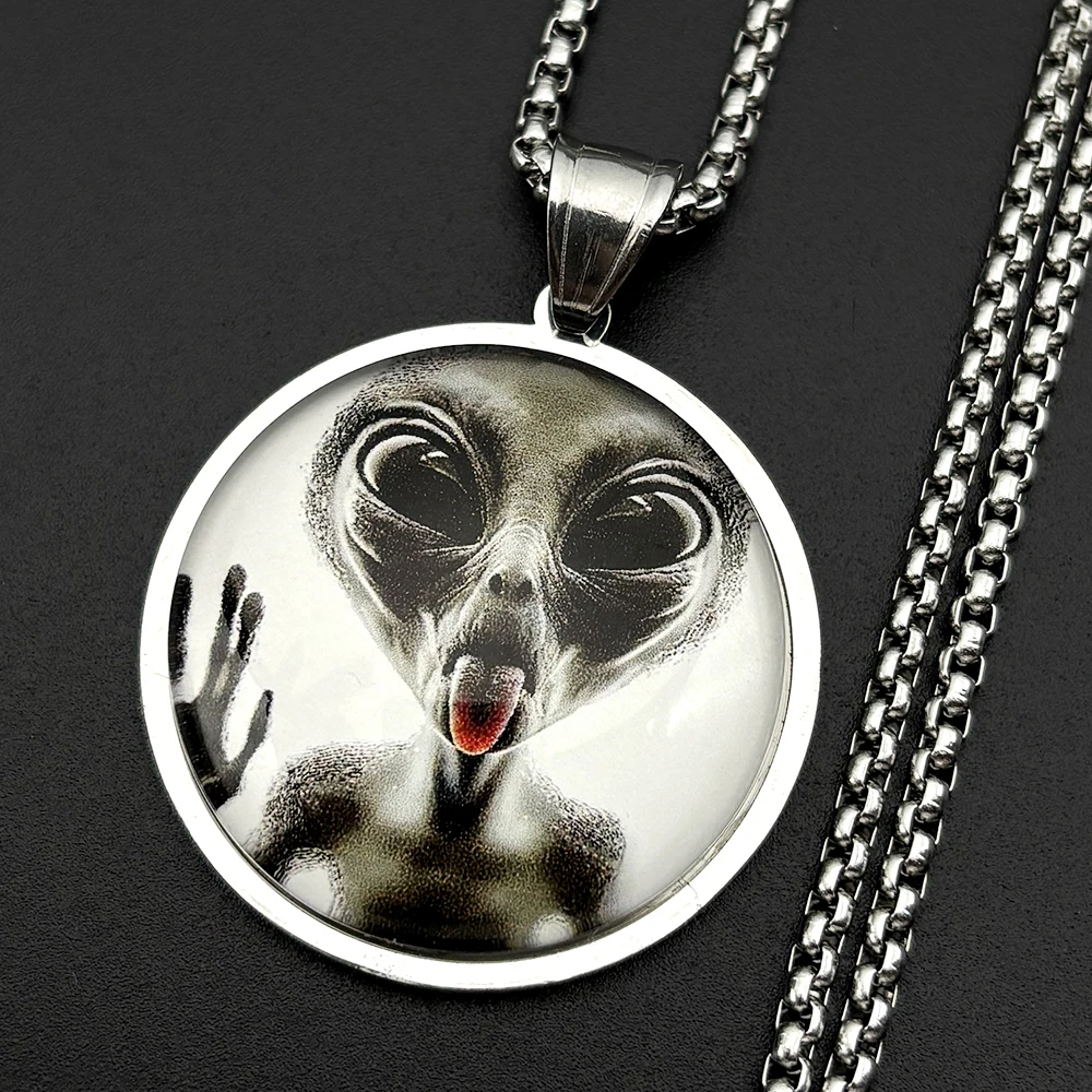 Lustige Alien-Gesicht-Anhänger-Halskette für Damen und Herren, Edelstahl, Glas, Schwarz, Punk, Goth, Herrenkette, Party, Hiphop, Schmuck, Geschenk – Detail 4