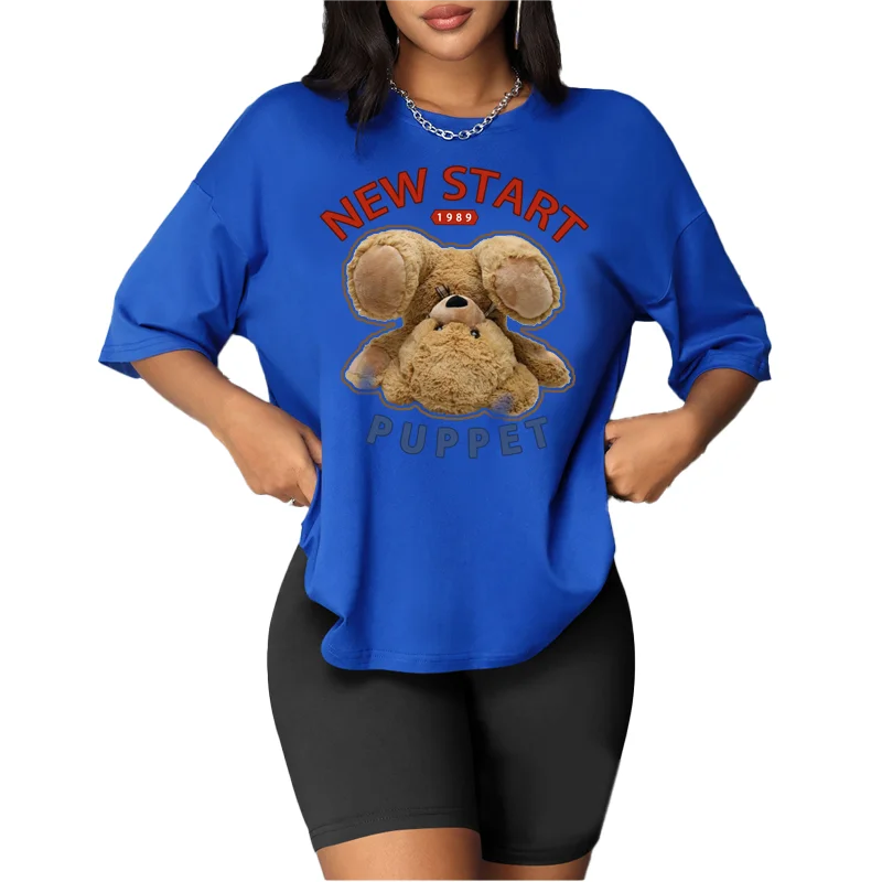 Women's fashion casual summer women's T-shirt shorts 2 piece set Cute Teddy Bear print street fitness loose comfortable multi-fu