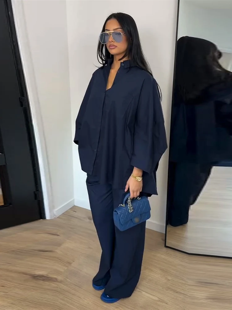 Elegante Damen-Hosenanzüge mit Revers: Oversized Hemd, Langarm-Bluse mit Knopfleiste, Weite Hose, Schickes Einfarbiges Outfit – Detail 27