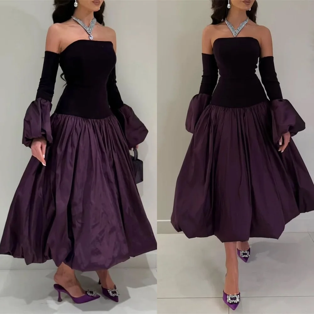 

Customized Purple Jersey Evening Dress Exquisite Strapless Detachable Sleeve Homecoming Dress Classic Zipper Back Cocktail Dress