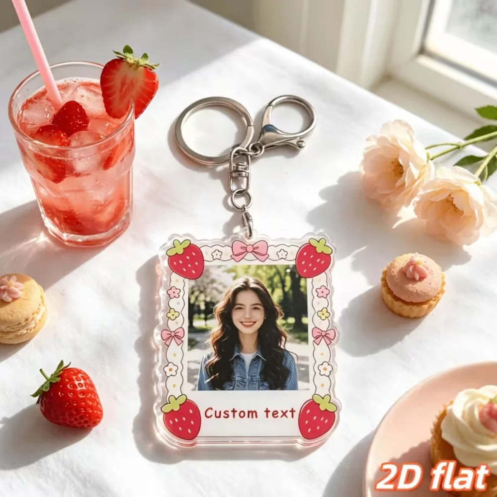 1Pc Strawberry Bow Photo Frame Personalized Custom Photo Text Acrylic Keychain, Used for Key or Zipper Bag, Festival Gift