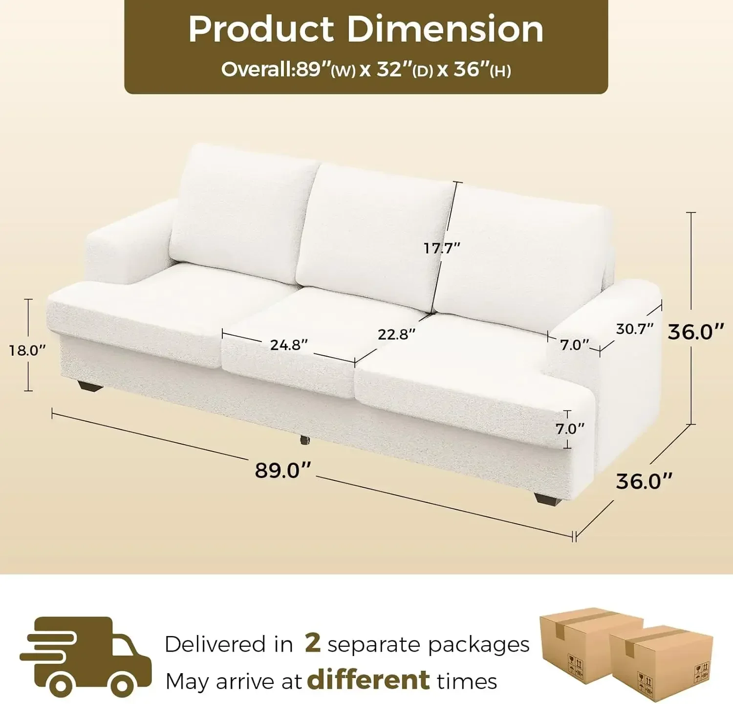 Sofá de 89 polegadas para sala de estar, sofá nuvem confortável com almofada grossa e apoio de braço largo