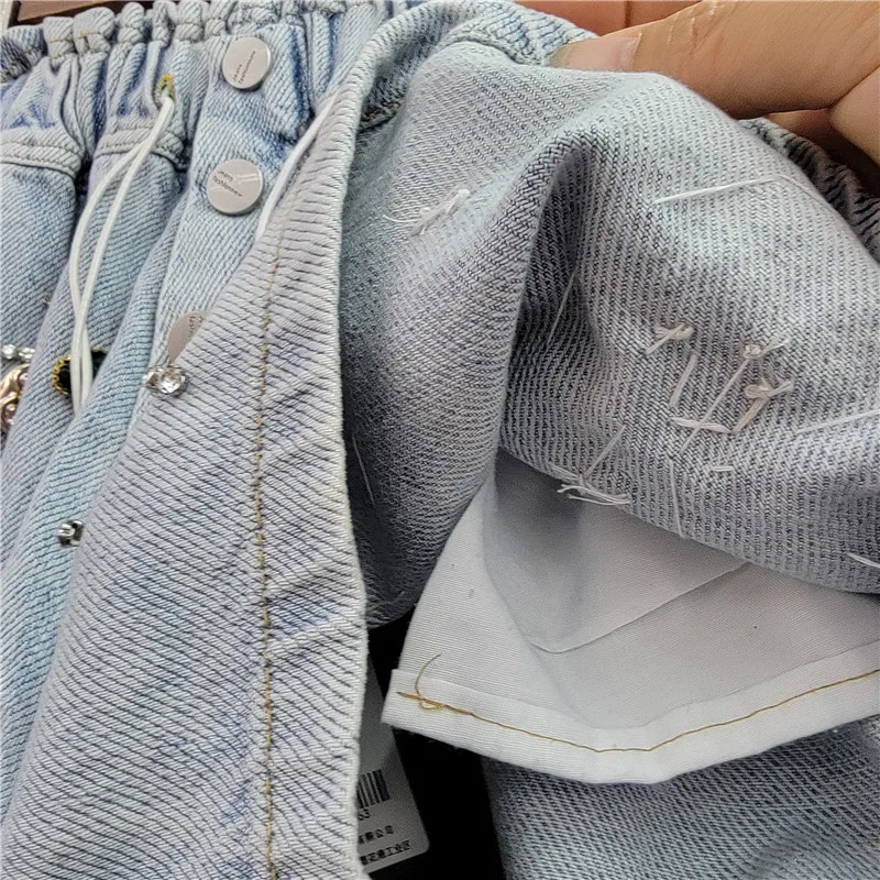 Heavy Industry Color Beads Rhinestones Denim Shorts High Waist Slimming Wide-Leg Shorts 2023 Spring Summer New Short Pants Women