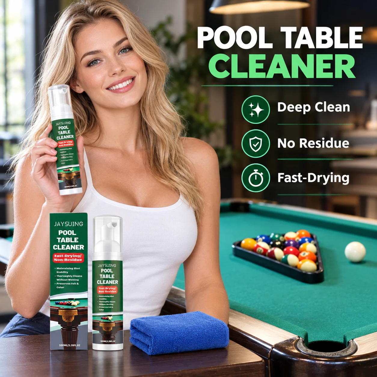 Jaysuing Pool Table Cleaner Spray Fast Drying Non Residue Deep Clean Gentle Formula with Cleaning Towel Billiard Table Cleaner