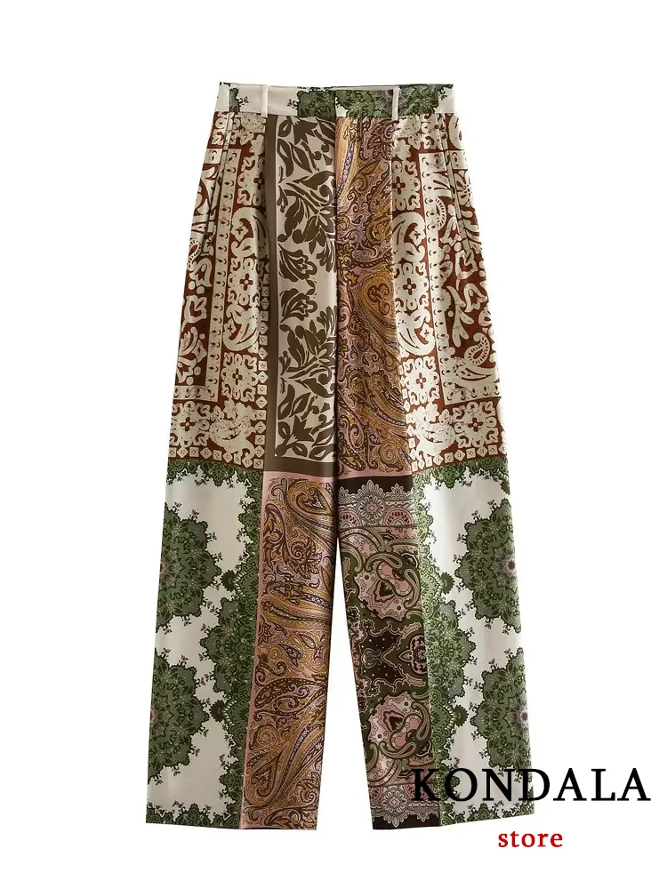 KONDALA Vintage Patchwork Print Bohe Stain Women Suit Chic Batwing Sleeve Button Shirts+Wide Leg Pants Fahsion 2023 Holiday Sets