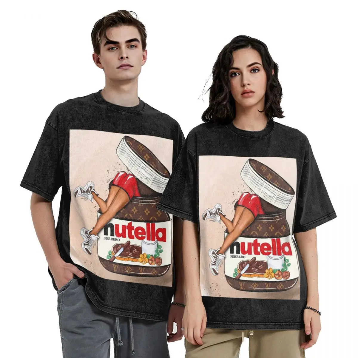 Nutella Cutie Washed T Shirts Oversized Short Sleeve Hip Hop T-Shirt Streetwear Tops Tees for Men Women