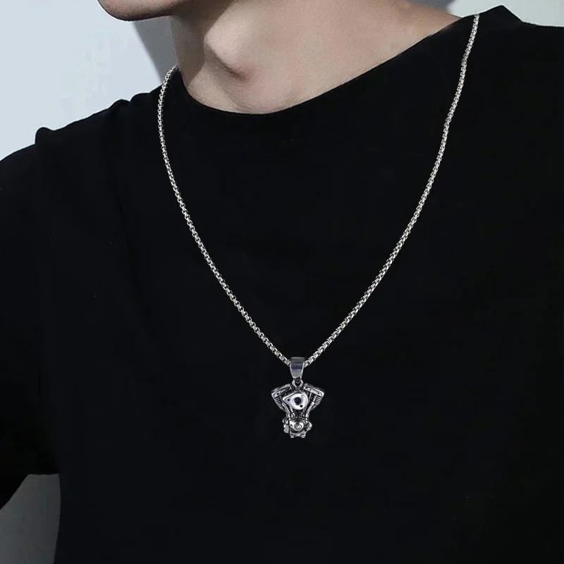 Cool Engine Pendant Necklace For Men Vintage Silver Color Stainless Steel Chain Hip Hop Rock Neck Jewelry Fashion New Male Gifts
