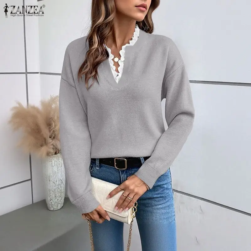 ZANZEA سترات نسائية للخريف بأكمام طويلة بلوفرات محبوكة موضة الربيع غير رسمية برقبة على شكل حرف v دانتيل مرقع ملابس خروج فضفاضة تريكو