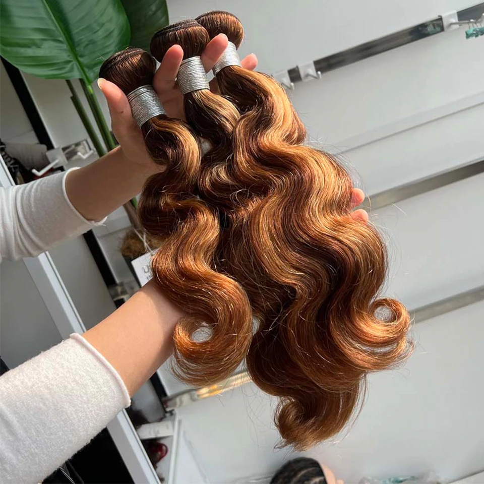 P4/27 Body Wave Honey Brown Highlight Ombre Colored Raw Human Hair Bundles 10-30 inch Brown Hair Weave Extensions Honey Blonde Highlight Body Wave Human Hair Bundles P4/27 Brazlian Hair Weave Colored  image 2