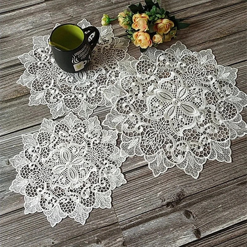 Vintage Milky White Water Soluble Embroidery Lace Placemat Coaster Vase Plate Pad Coffee Table Mat Christmas Wedding Decoration