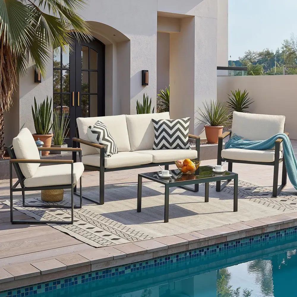 

4 Pieces Patio Furniture Sets,Metal Outdoor Patio Furniture Sets,Outdoor Sectional Patio Conversation Set,Wooden AntiScald Armr
