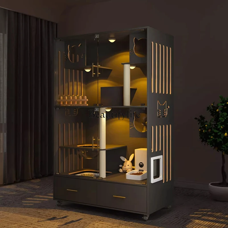Solid wood household indoor cat litter box with toilet integrated cabinet luxury large cat cage
