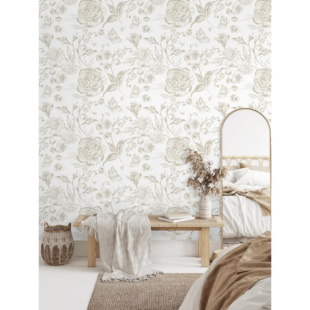ورق جدران قابل للتقشير واللصق، ورق حائط مزين بالزهور، ورق اتصال مطرز بوهو لغرفة النوم، ورق حائط للحمام، بيج وأبيض قابل للإزالة S