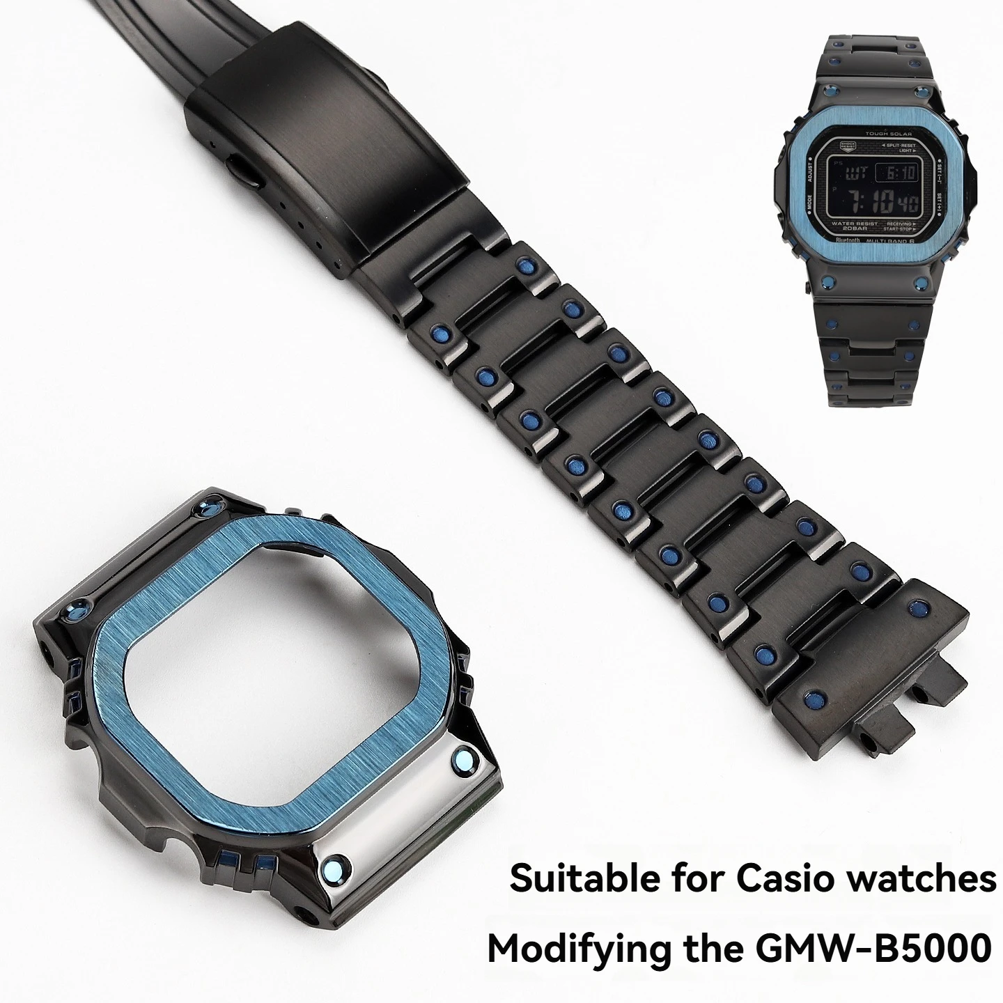 Black Steel Square Custom Metal Case and Band Replacement Set for Casio G-SHOCK Square Series GMW-B5000 and MRG-B5000
